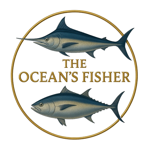 The Ocean's Fisher — logo con marlín y atún
